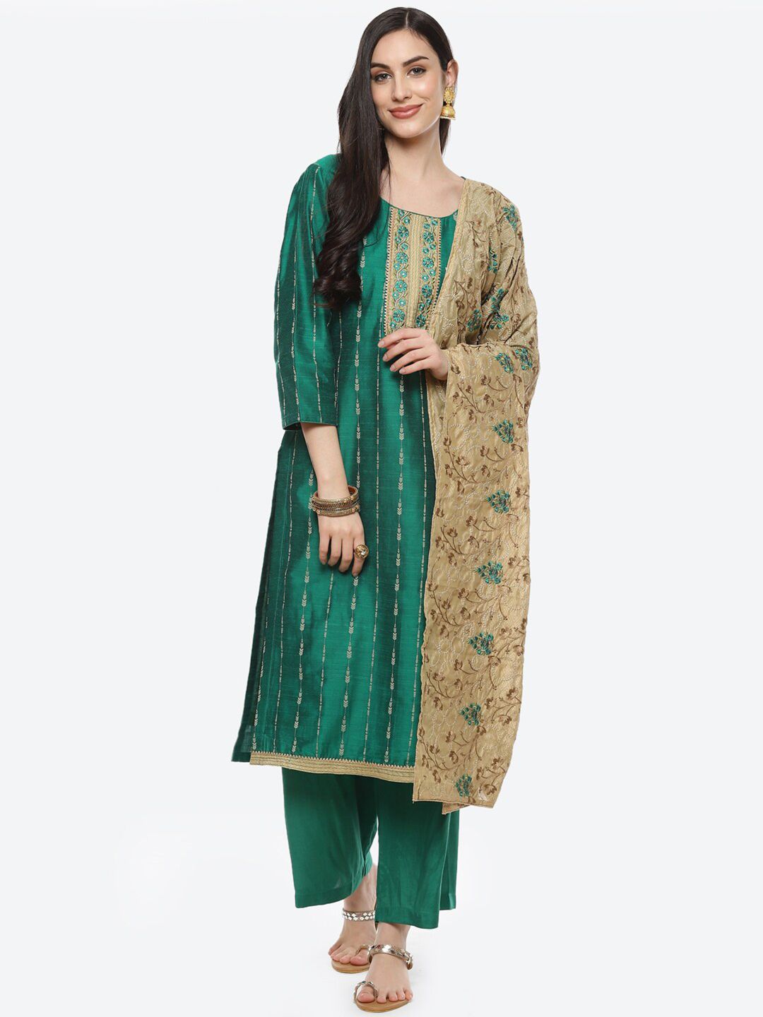 Meena Bazaar Women Green & Beige Embroidered Unstitched Dress Material Price in India