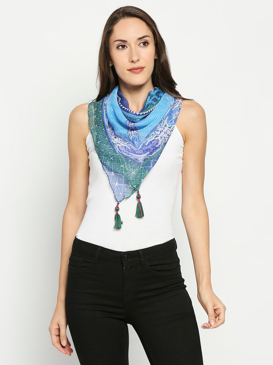 Get Wrapped Women Multi-Color Printed Scarf with Tassels Price in India