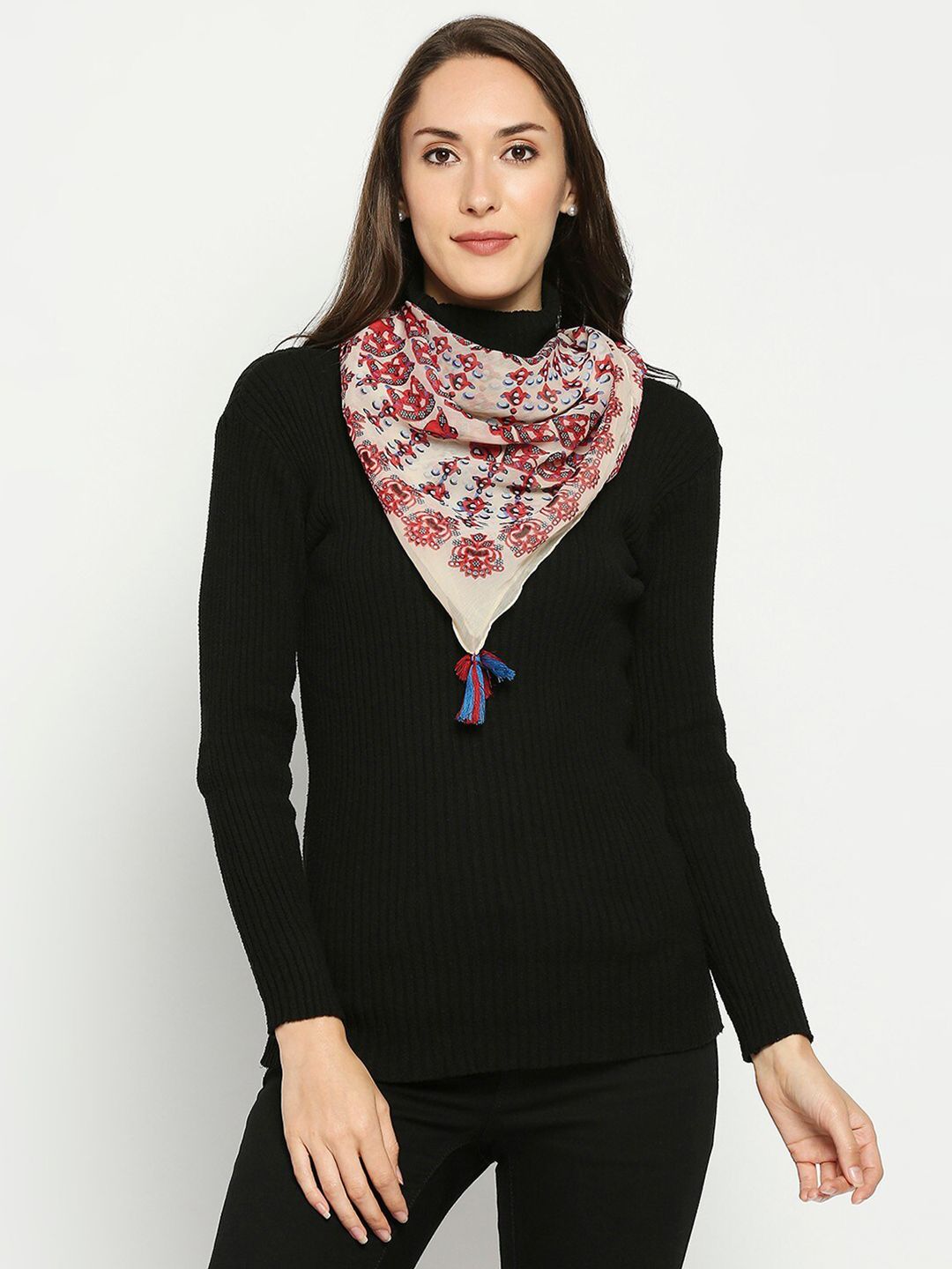 Get Wrapped Women Beige & Red Tasseled Detailed Printed Square Scarf Price in India