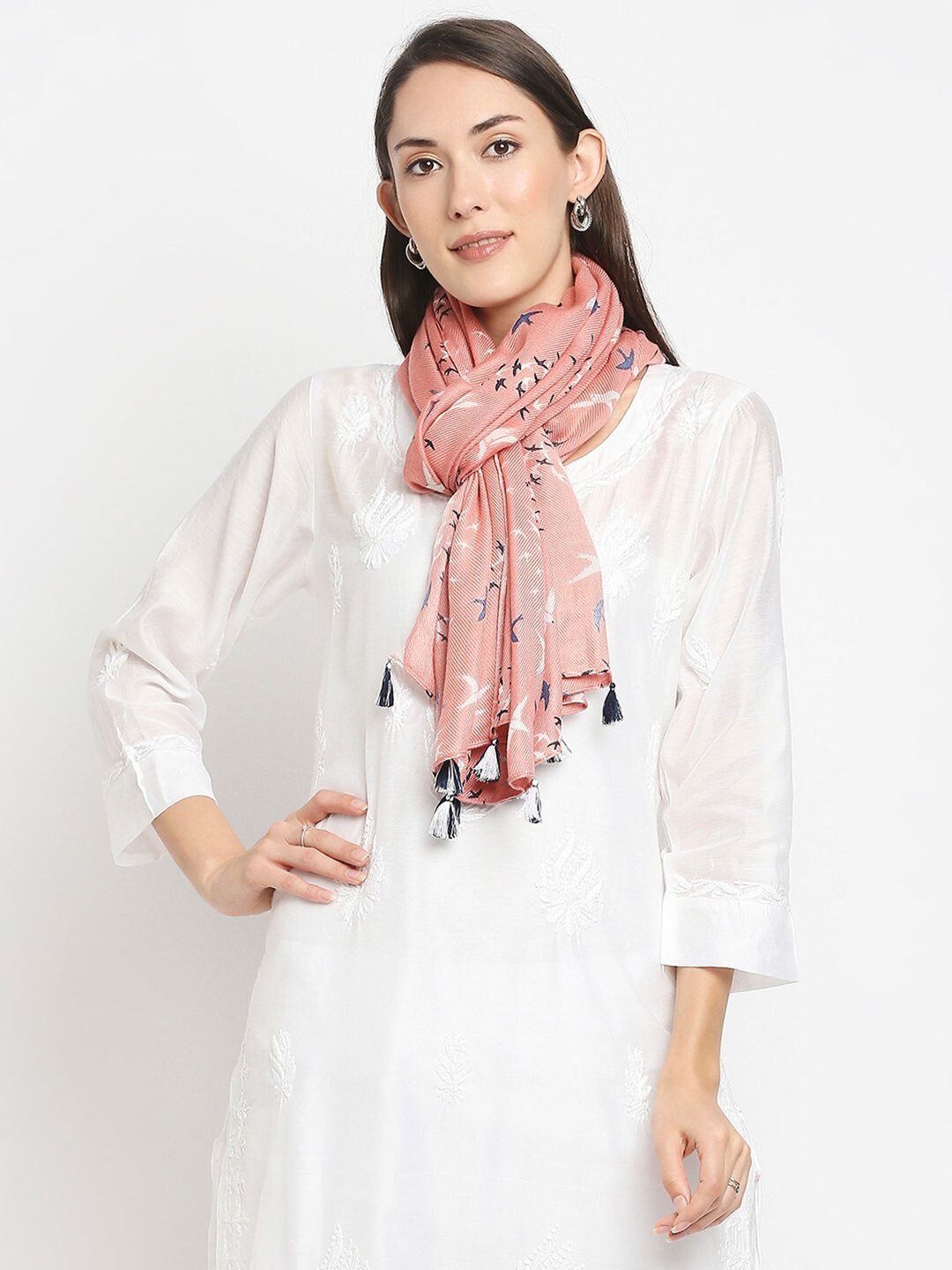 Get Wrapped Women Peach Printed Scarves with Tassels for Women Price in India