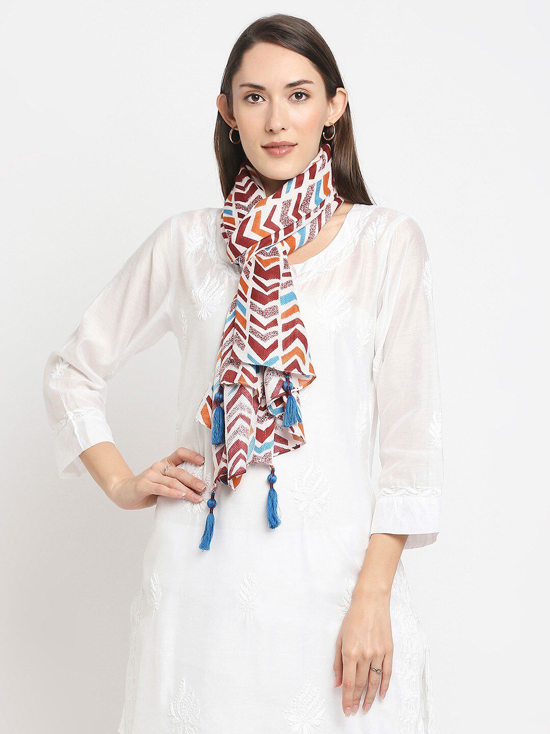 Get Wrapped Women Multi-Color Printed Scarf with Tassels Price in India