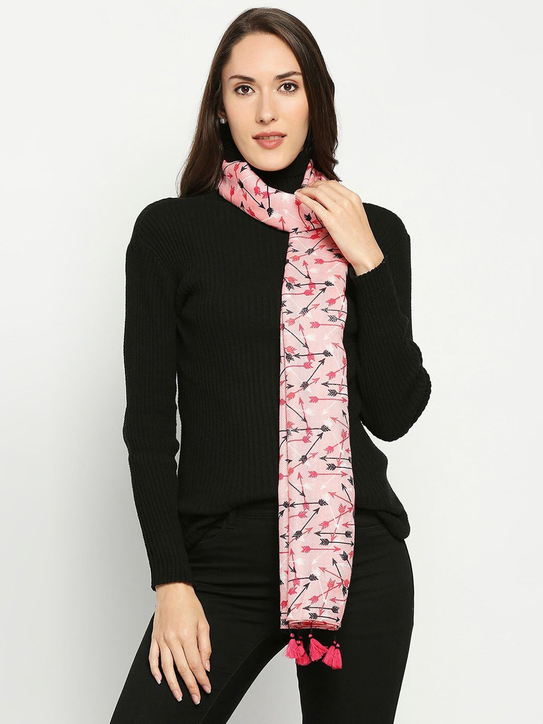 Get Wrapped Women Pink & Black Printed Scarf  with Tassels for Women Price in India