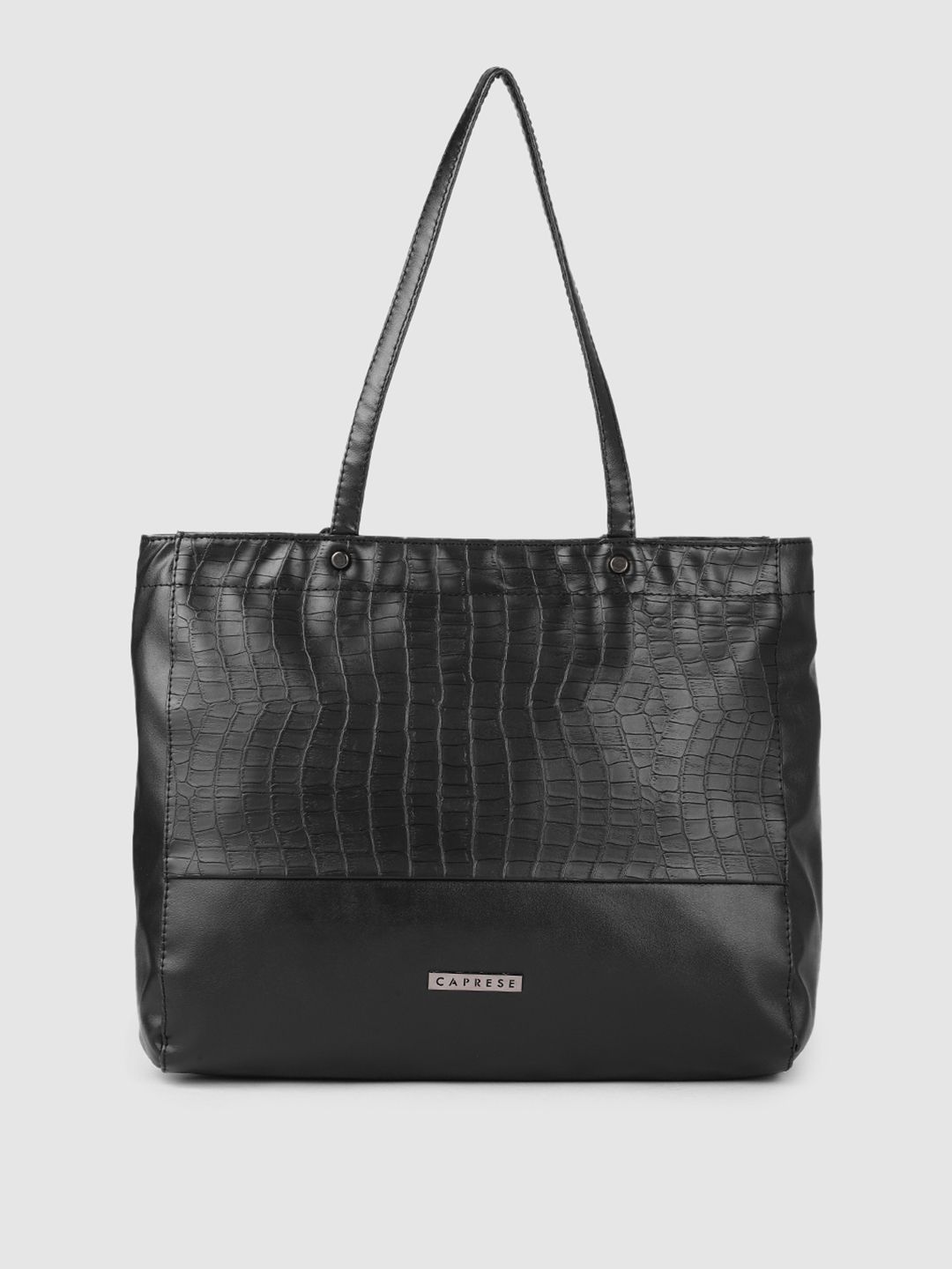 Caprese Black Solid Leather Regular Structured Shoulder Bag with Animal Textured Detail Price in India