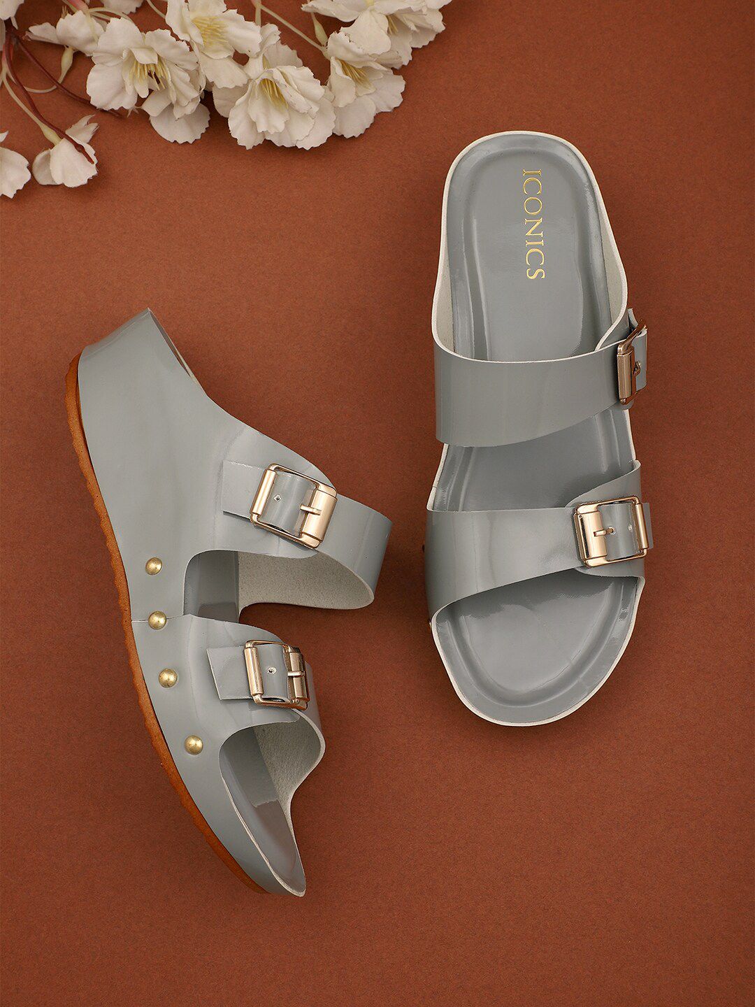 ICONICS Grey Wedge Sandals with Buckles Price in India