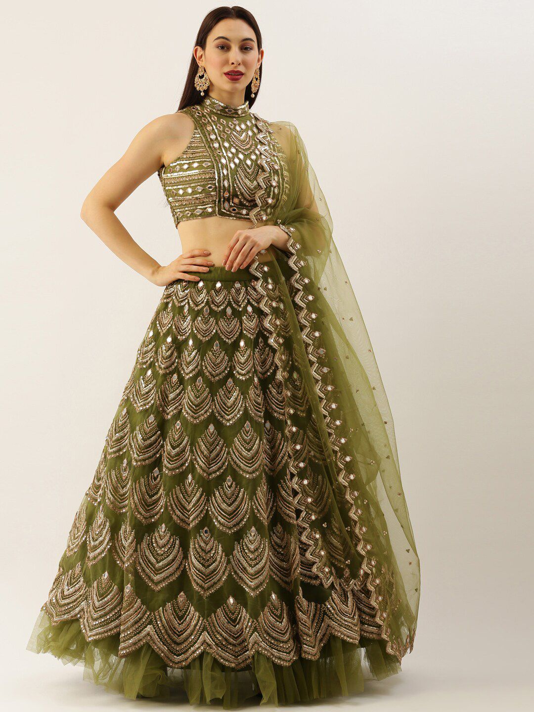 panchhi Olive Green & Gold Embellished Mirror Work Lehenga & Blouse With Dupatta Price in India