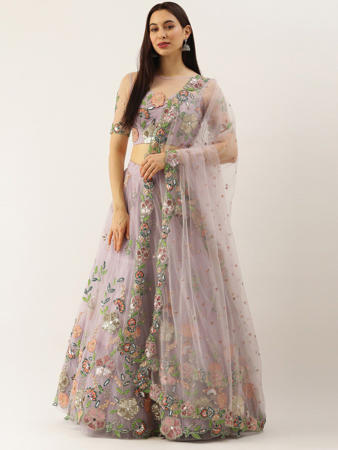 panchhi Mauve & Orange Embroidered Sequinned Semi-Stitched Lehenga & Unstitched Blouse With Dupatta Price in India