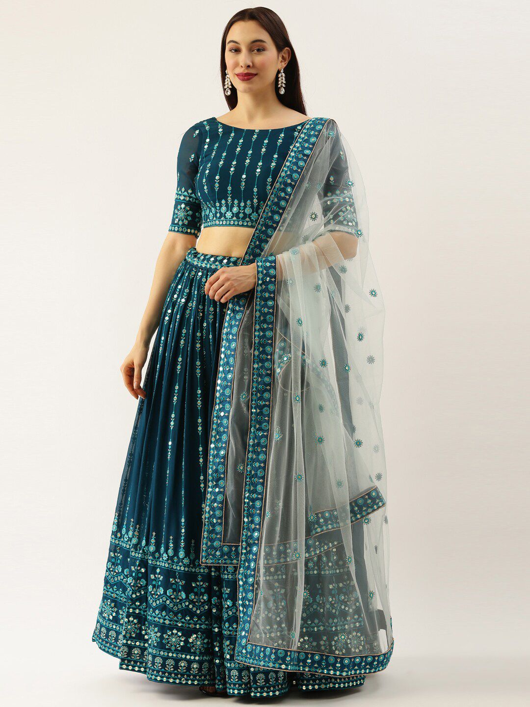 panchhi Teal Sequin Work Semi-Stitched Lehenga & Unstitched Blouse With Dupatta Price in India