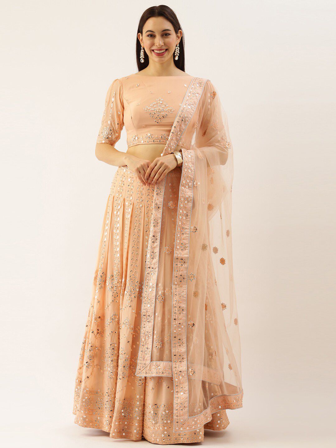 panchhi Women Peach & Silver Semi-Stitched Lehenga & Unstitched Blouse with Dupatta Price in India