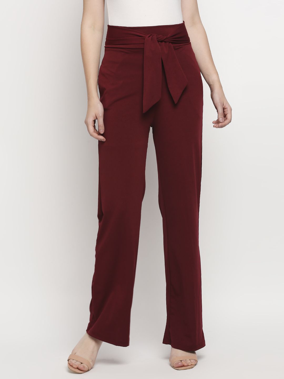 LYKKEIN Women Burgundy Loose Fit Self Tie Wide Leg High-Rise Trousers Price in India