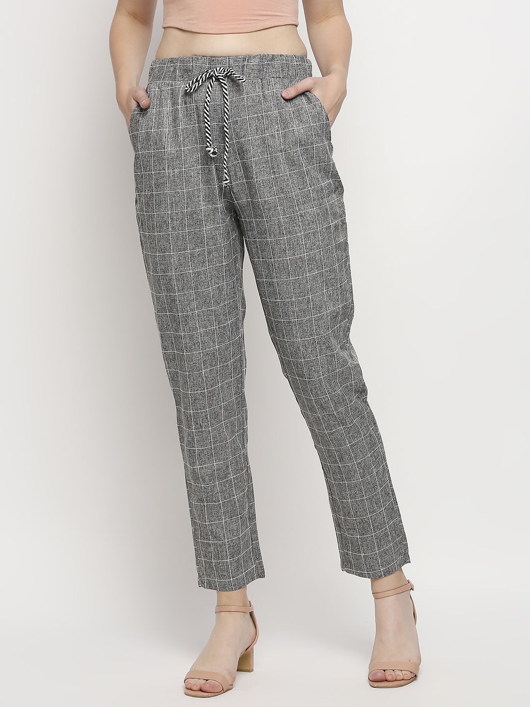 LYKKEIN Women Grey Rolled Hem Drawstring Plaid Peg Trousers Price in India