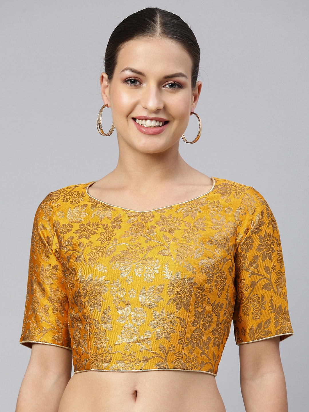 flaher Women Yellow & Gold Jacquard Woven Design Saree Blouse with Cut-Out Price in India