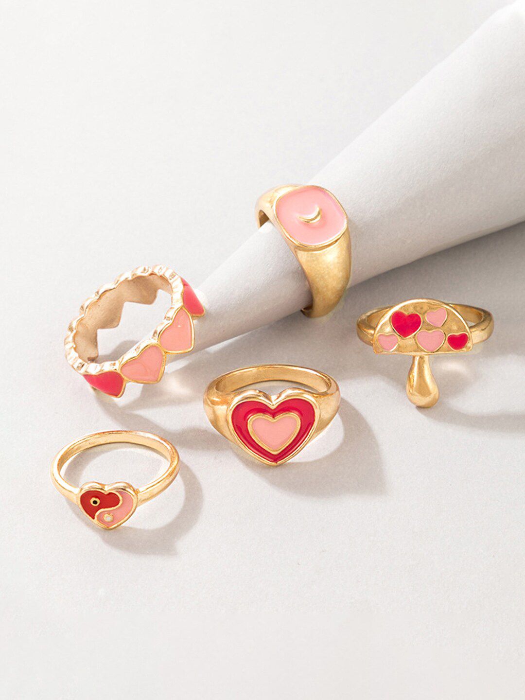 Yellow Chimes Set Of 5 Gold-Plated Pink Enameled Finger Ring Price in India