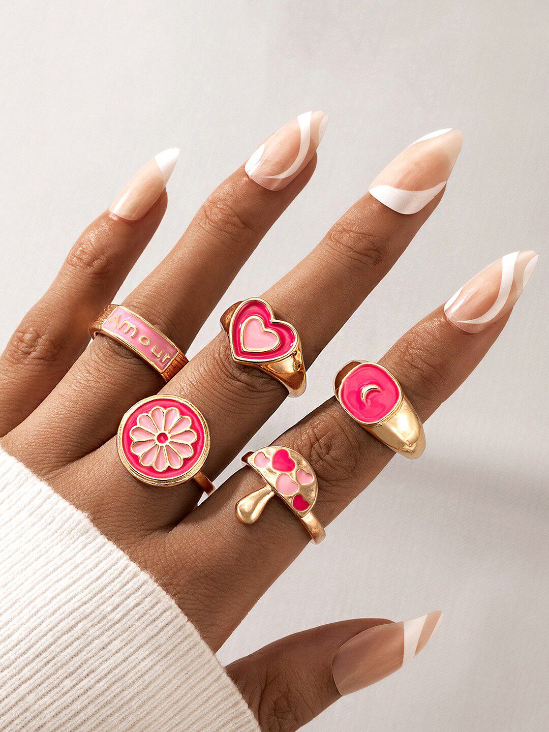 Yellow Chimes Set Of 5 Gold-Plated Pink Enamelled Finger Ring Price in India