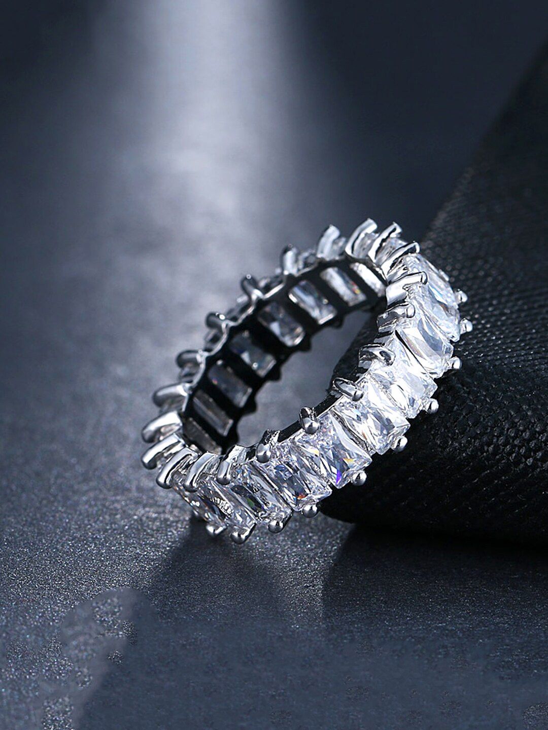 Yellow Chimes Women Rhodium-Plated Silver-Toned Crystal Studded Eternity Band Finger Rings Price in India
