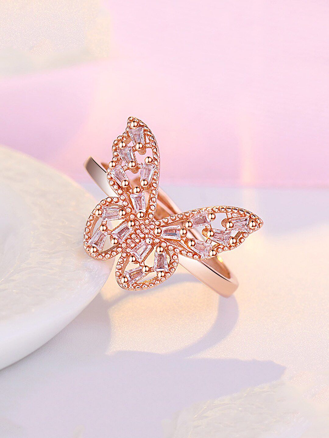 Yellow Chimes Rose Gold-Plated & White Crystal Studded Butterfly Finger Ring Price in India