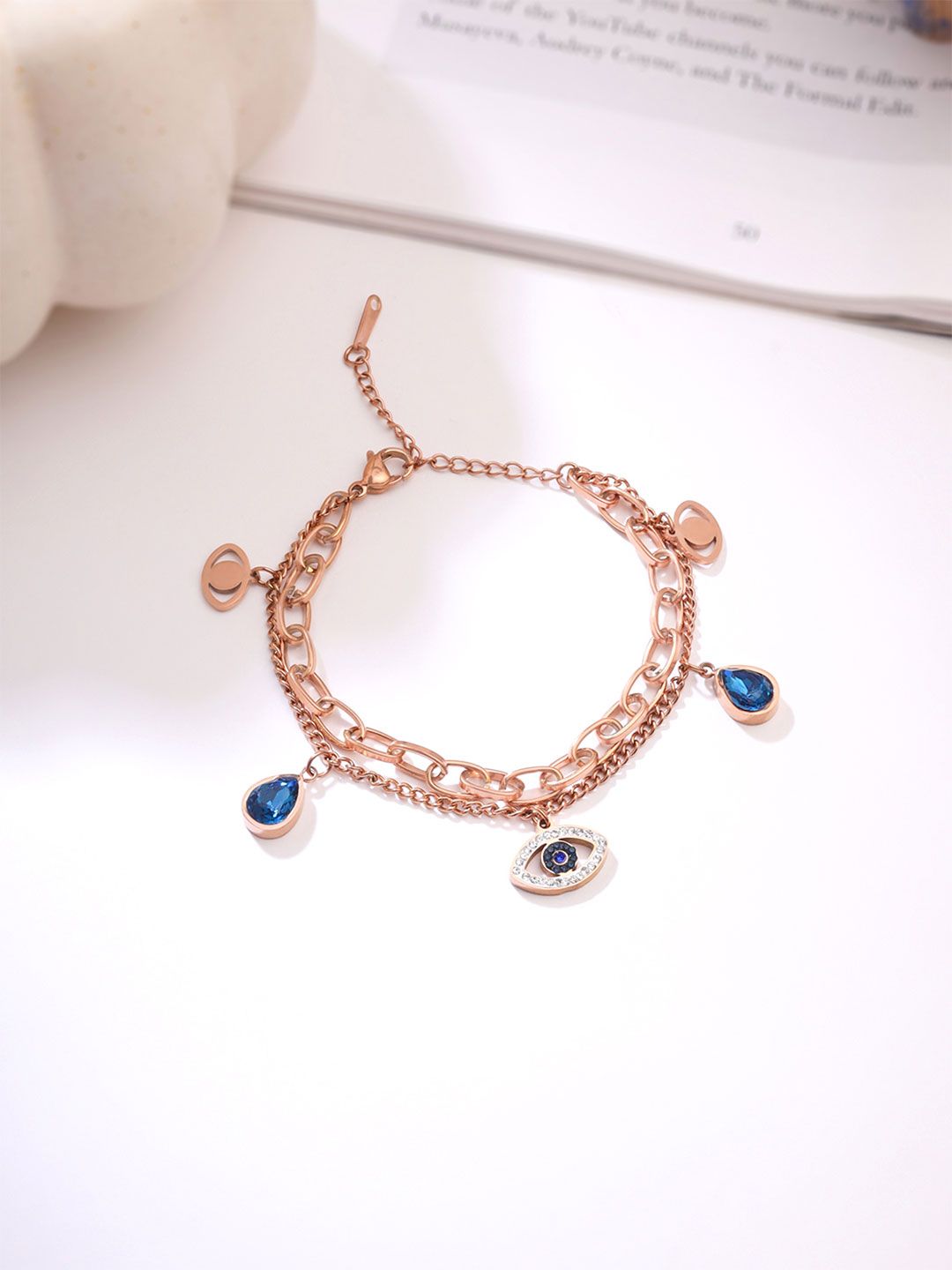 Yellow Chimes Yellow Chimes Elvora Rose Gold Crystal-Studded Evil Eye Link Charm Bracelet