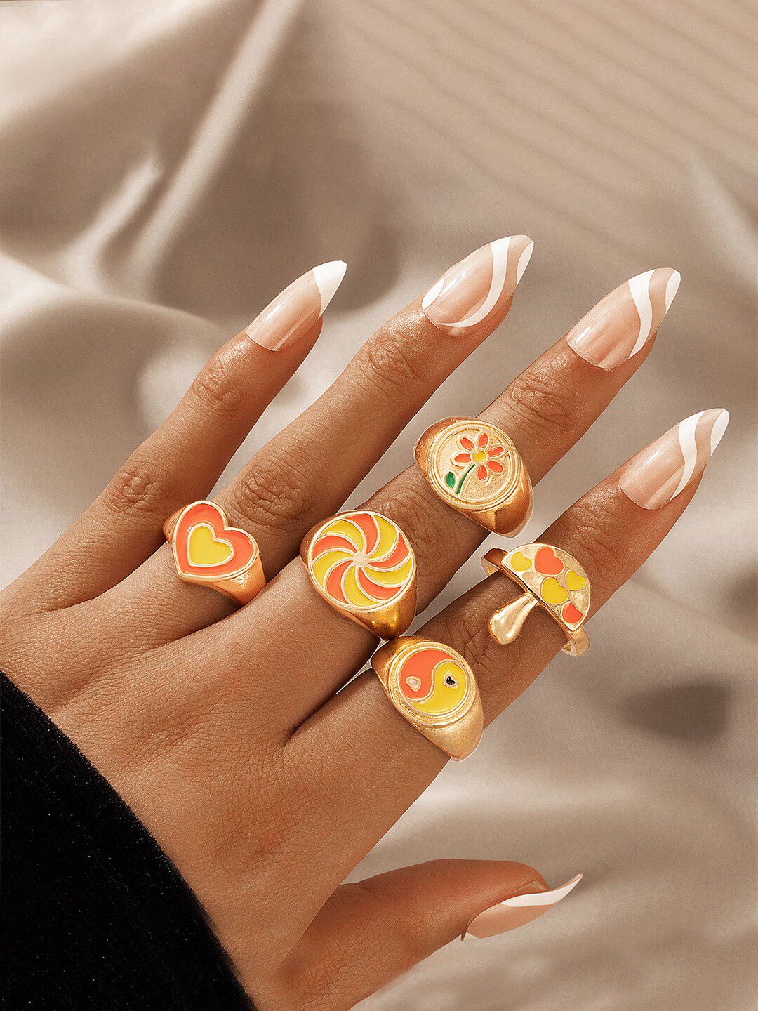 Yellow Chimes Set Of 5 Gold-Plated & Orange Enameled Finger Ring Price in India