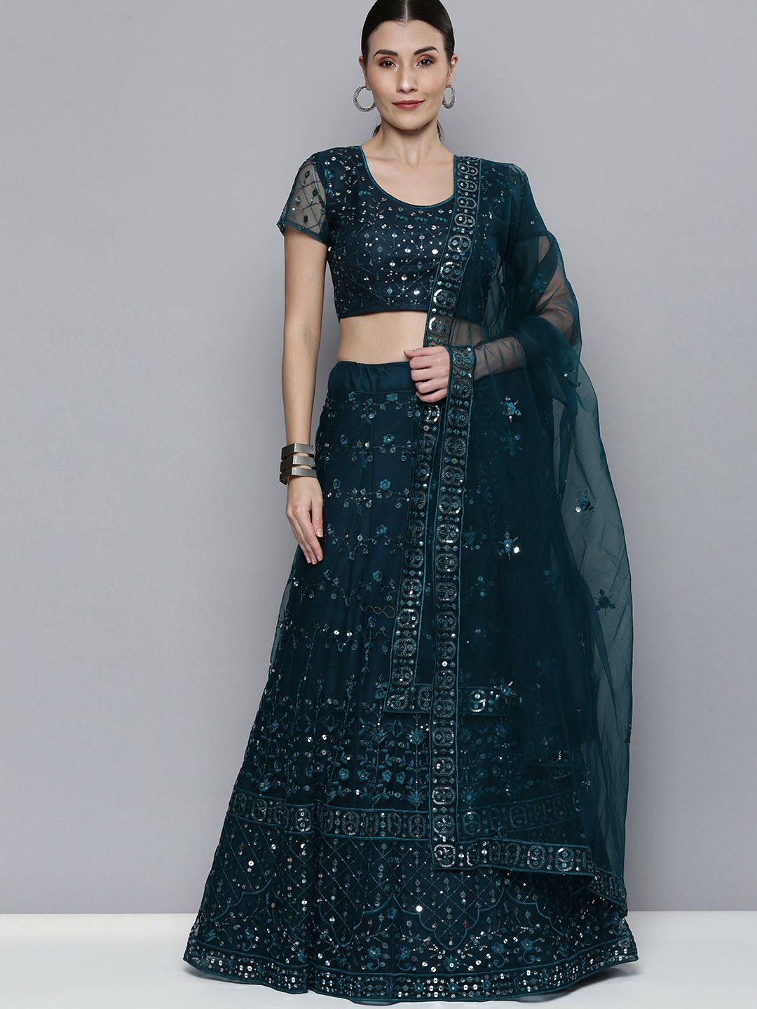 Kvsfab Teal Green Embroidered Semi-Stitched Lehenga with Unstitched Blouse & Dupatta Price in India