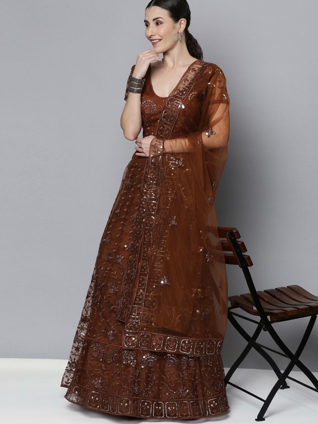 Kvsfab Brown Embroidered Semi-Stitched Lehenga with Unstitched Blouse & Dupatta Price in India
