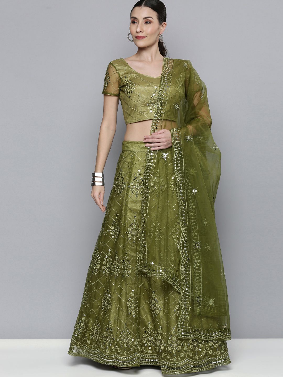 Kvsfab Olive Green Embroidered Semi-Stitched Lehenga with Unstitched Blouse & Dupatta Price in India