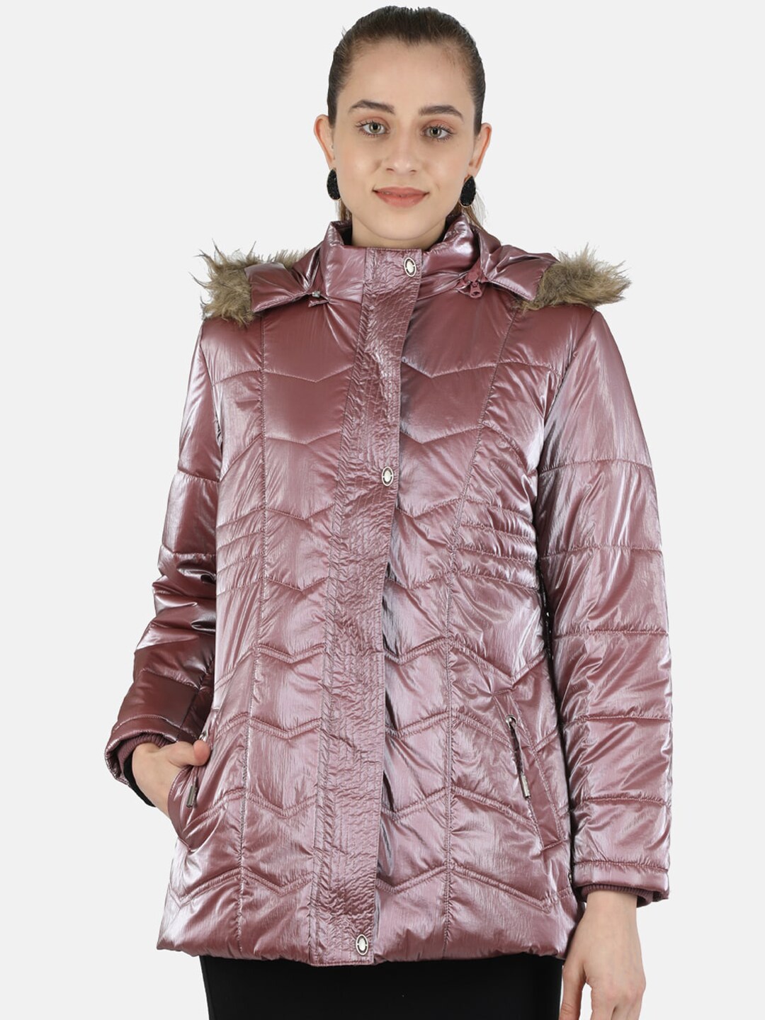 Monte Carlo Women Pink Lightweight Longline Cotton Parka Jacket with Faux Fur Trim Price in India