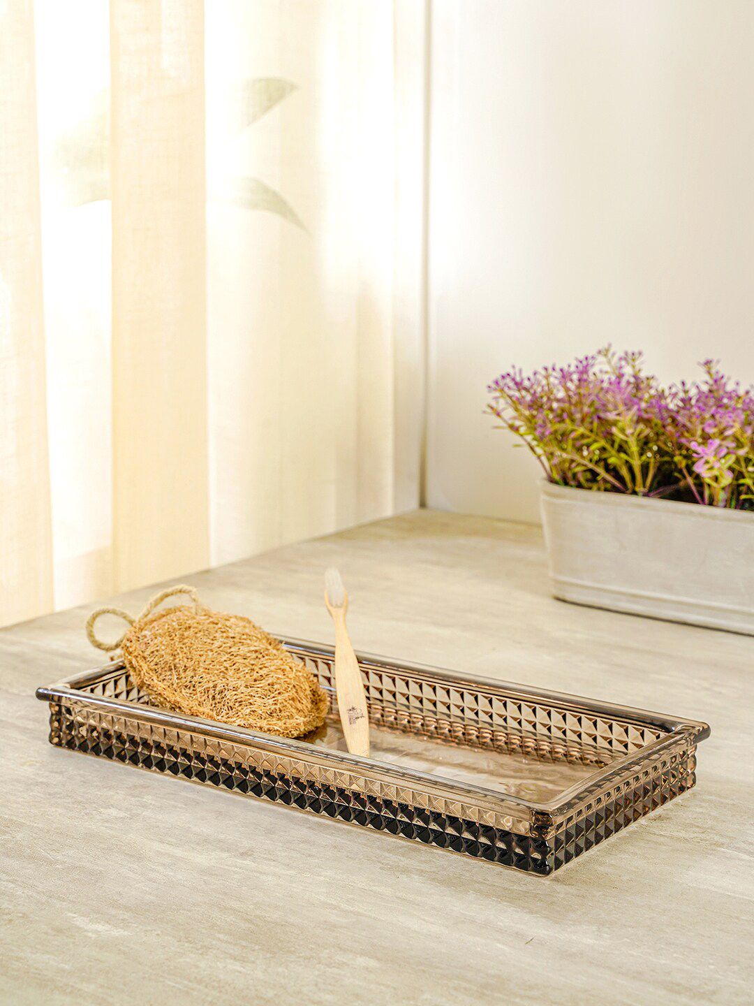 Pure Home and Living Brown Textured Glass Bathroom Tray Price in India