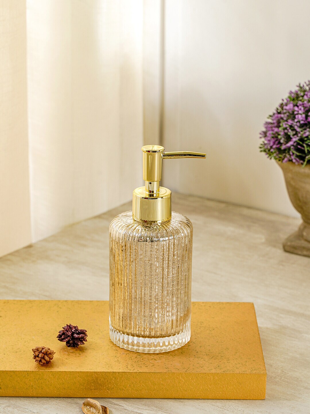 Pure Home and Living Gold Tone & Transparent Textured Glass Soap Dispenser Price in India