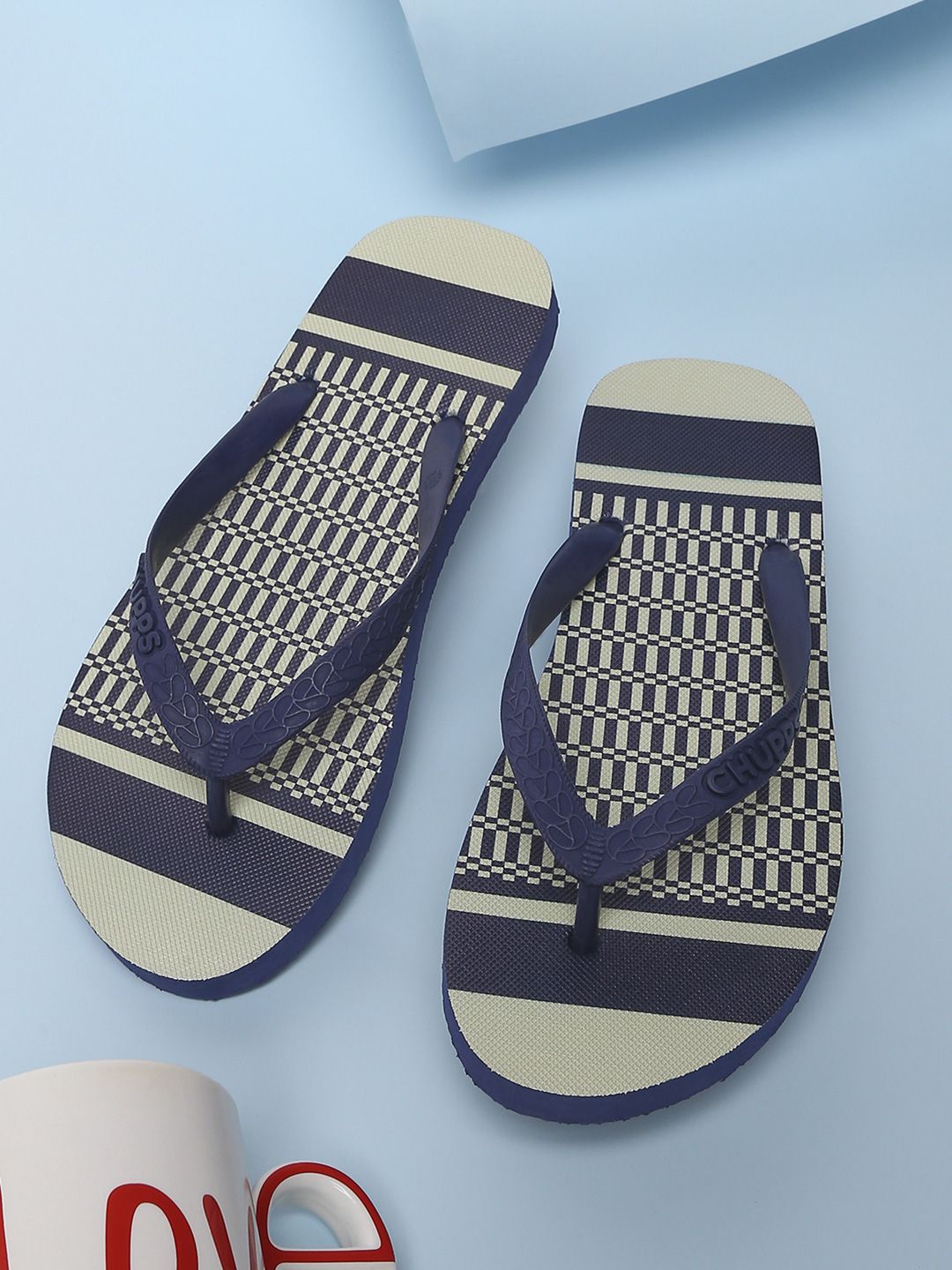 CHUPPS Women Navy Blue & Off White Printed Rubber Thong Flip-Flops Price in India