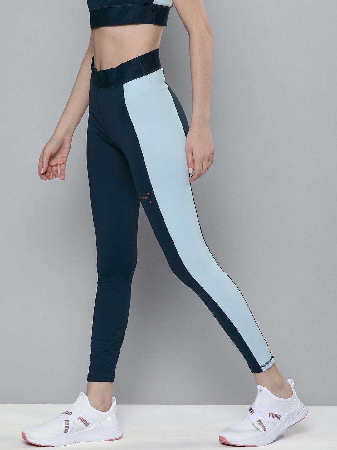 Puma Women Navy-Blue And Aqua-Blue High-Rise Colourblocked Tights Price in India