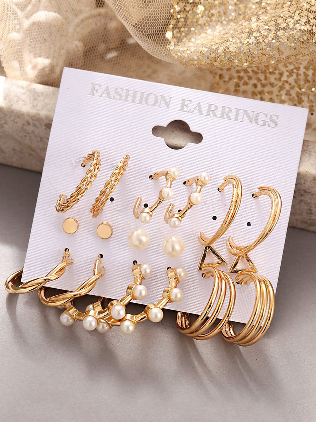 Set of 6 Studs & Hoop Earrings Yellow Chimes Set of 9 Gold-Plated Quirky Studs & Hoop Earrings