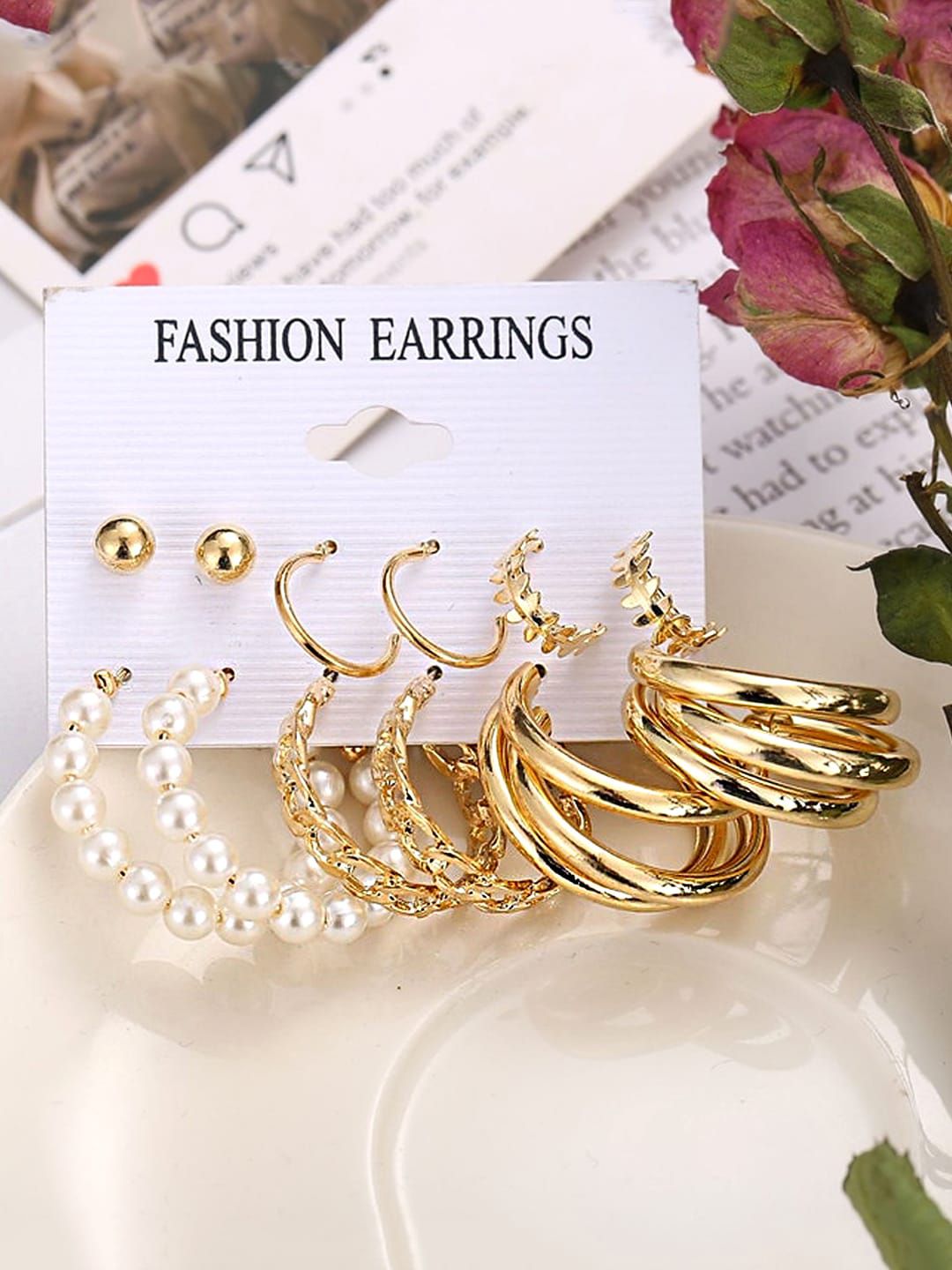 Yellow Chimes Set of 6 Gold Plated Pearl Contemporary Hoop and Stud Earrings Price in India
