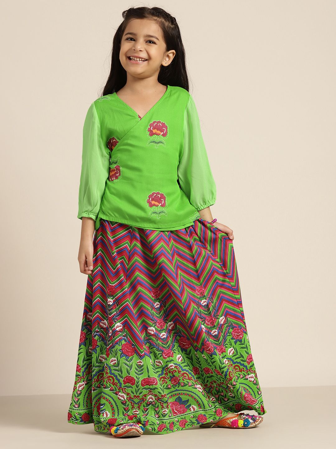 Sangria Girls Green & Fuchsia Pure Cotton Floral Printed Ready to Wear Lehenga & Choli Price in India