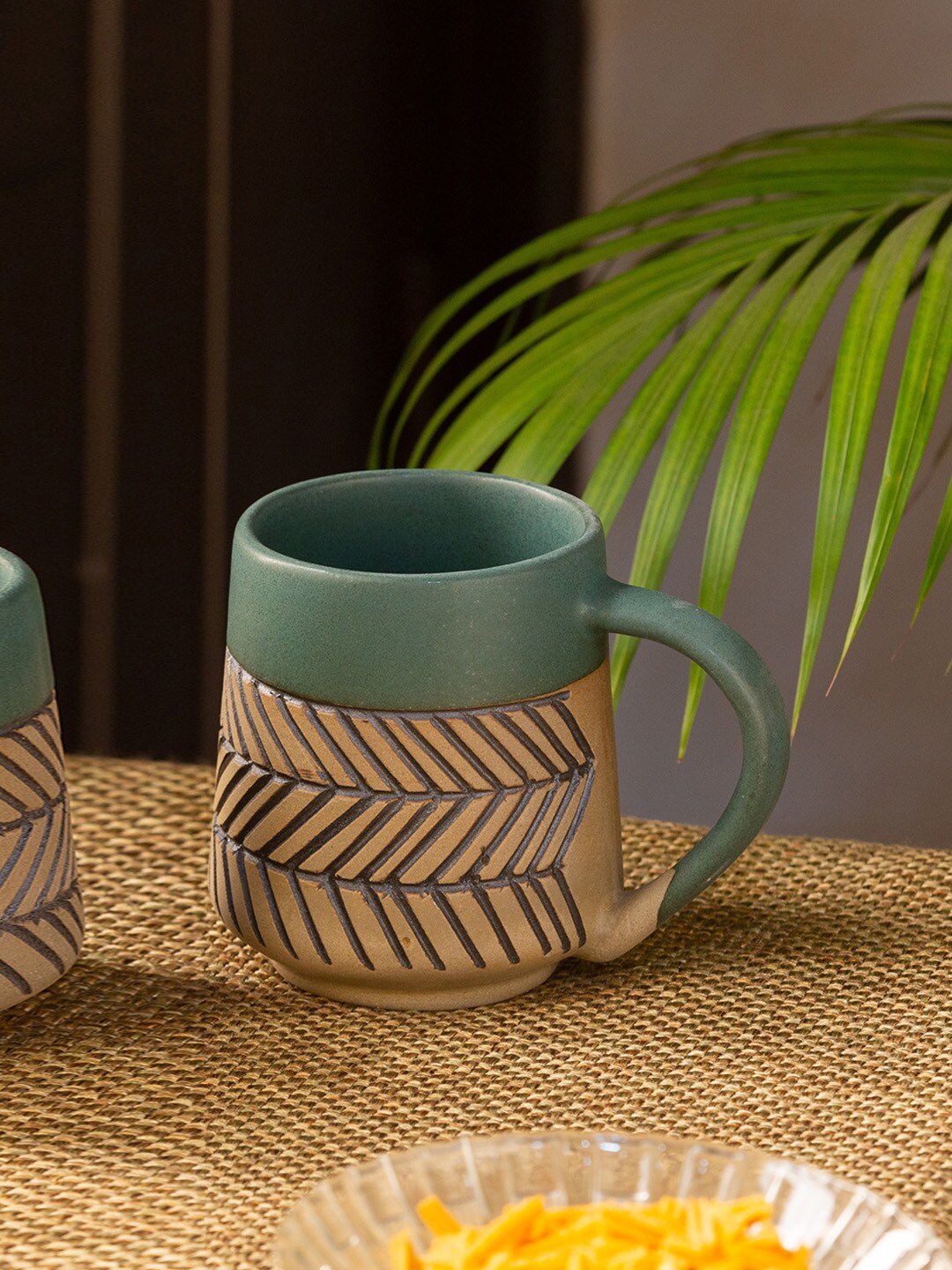 ExclusiveLane Brown & Green Handcrafted Textured Ceramic Matte Coffee Mugs Price in India
