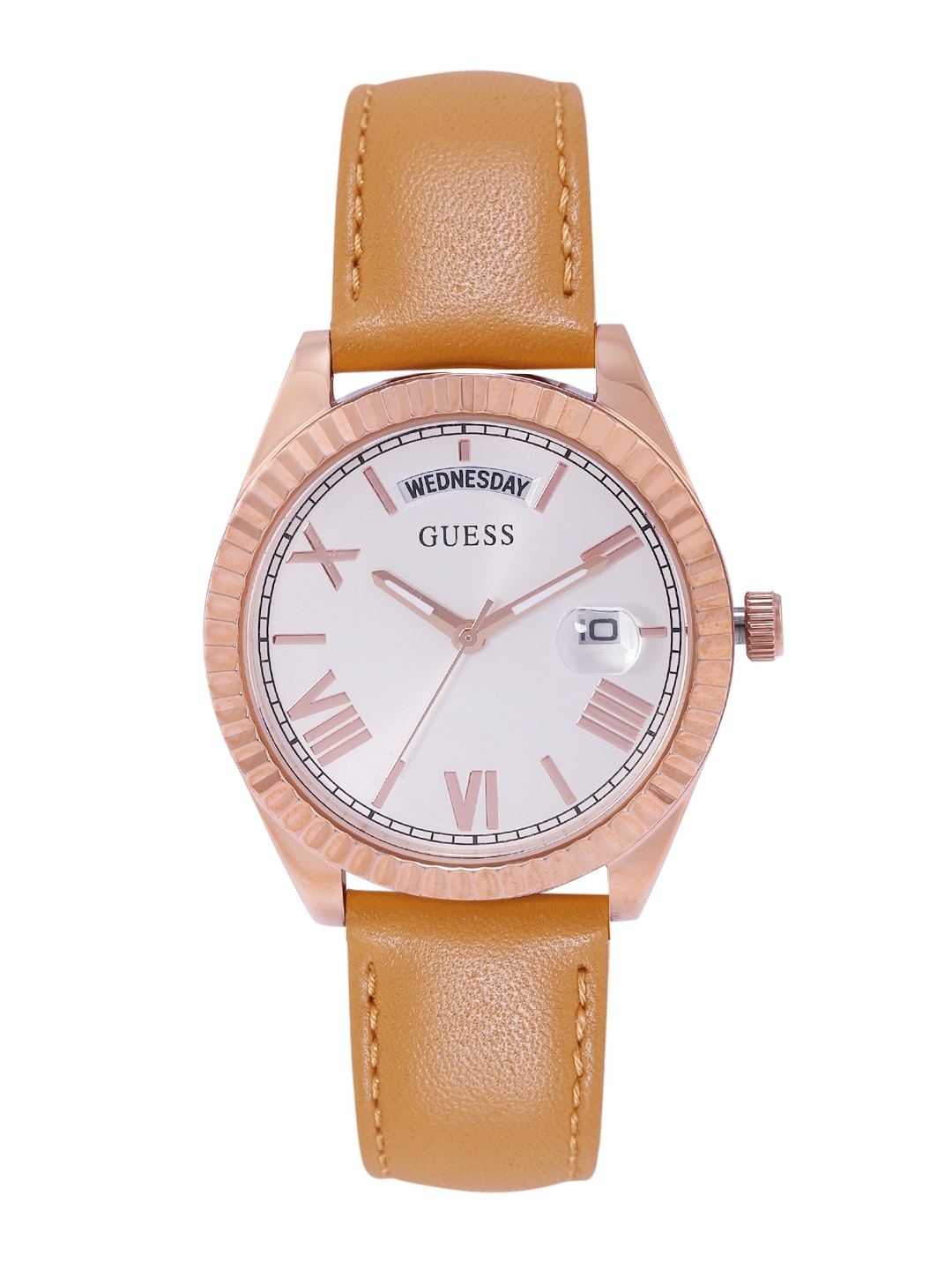 GUESS Women White Dial & Brown Leather Straps Analogue Watch GW0357L2 Price in India