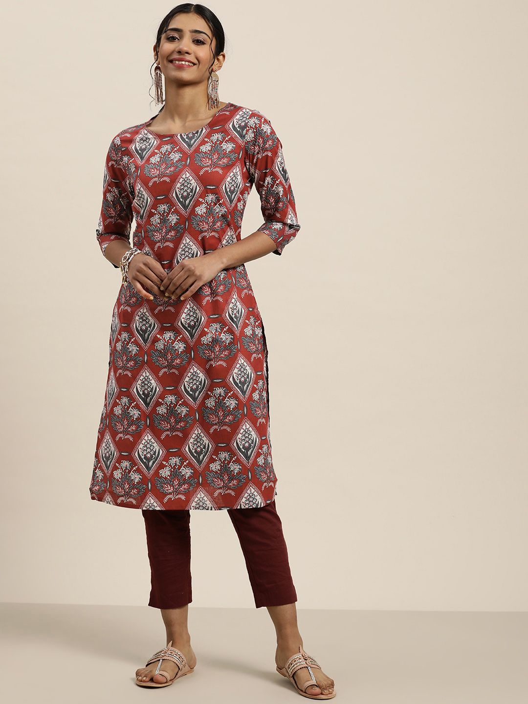 Sangria Women Red & White Pure Cotton Ethnic Motifs Printed Straight Kurta
