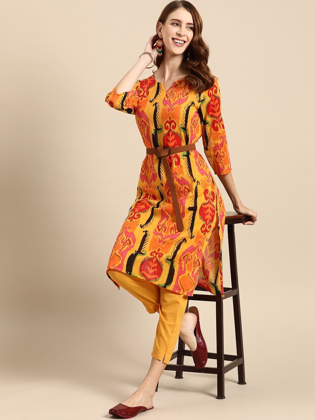 Sangria Women Mustard Yellow Ethnic Motifs Printed Pure Cotton Kurta with Trousers