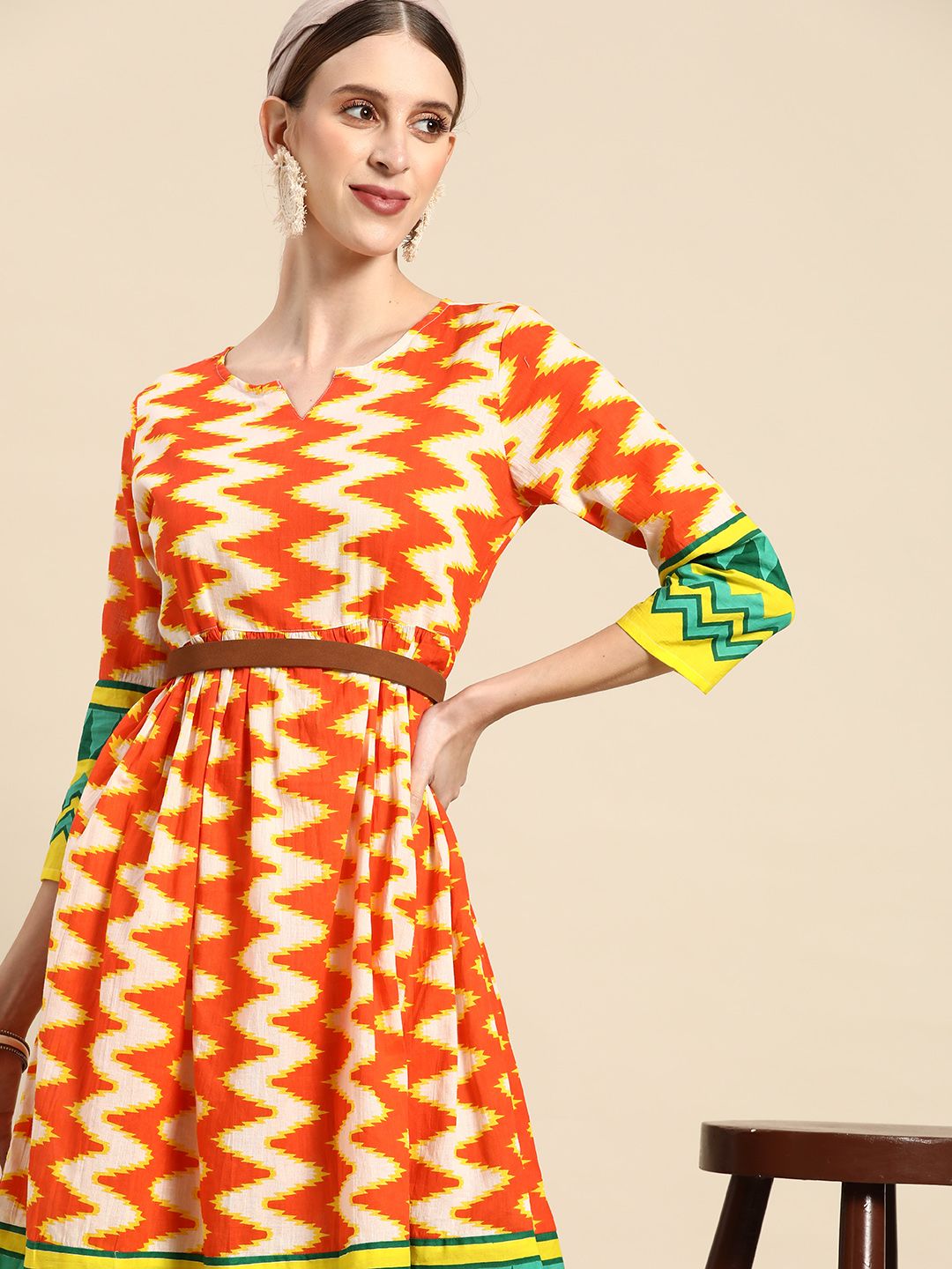 Sangria Orange & Yellow Pure Cotton Geometric Printed Ethnic A-Line Midi Dress Price in India