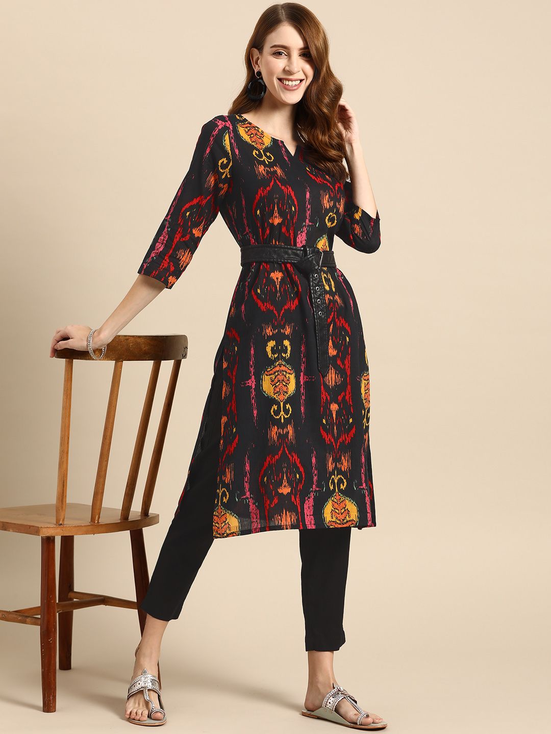 Sangria Women Black Ethnic Motifs Printed Pure Cotton Kurta with Trousers Price in India