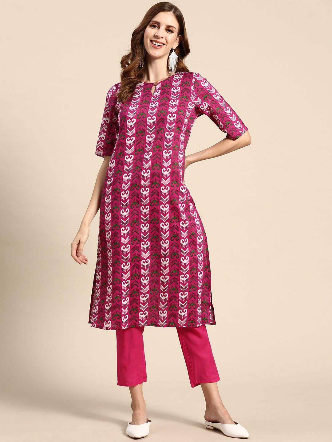 Sangria Women Magenta Pink & White Ethnic Motifs Printed Pure Cotton Kurta with Trousers Price in India