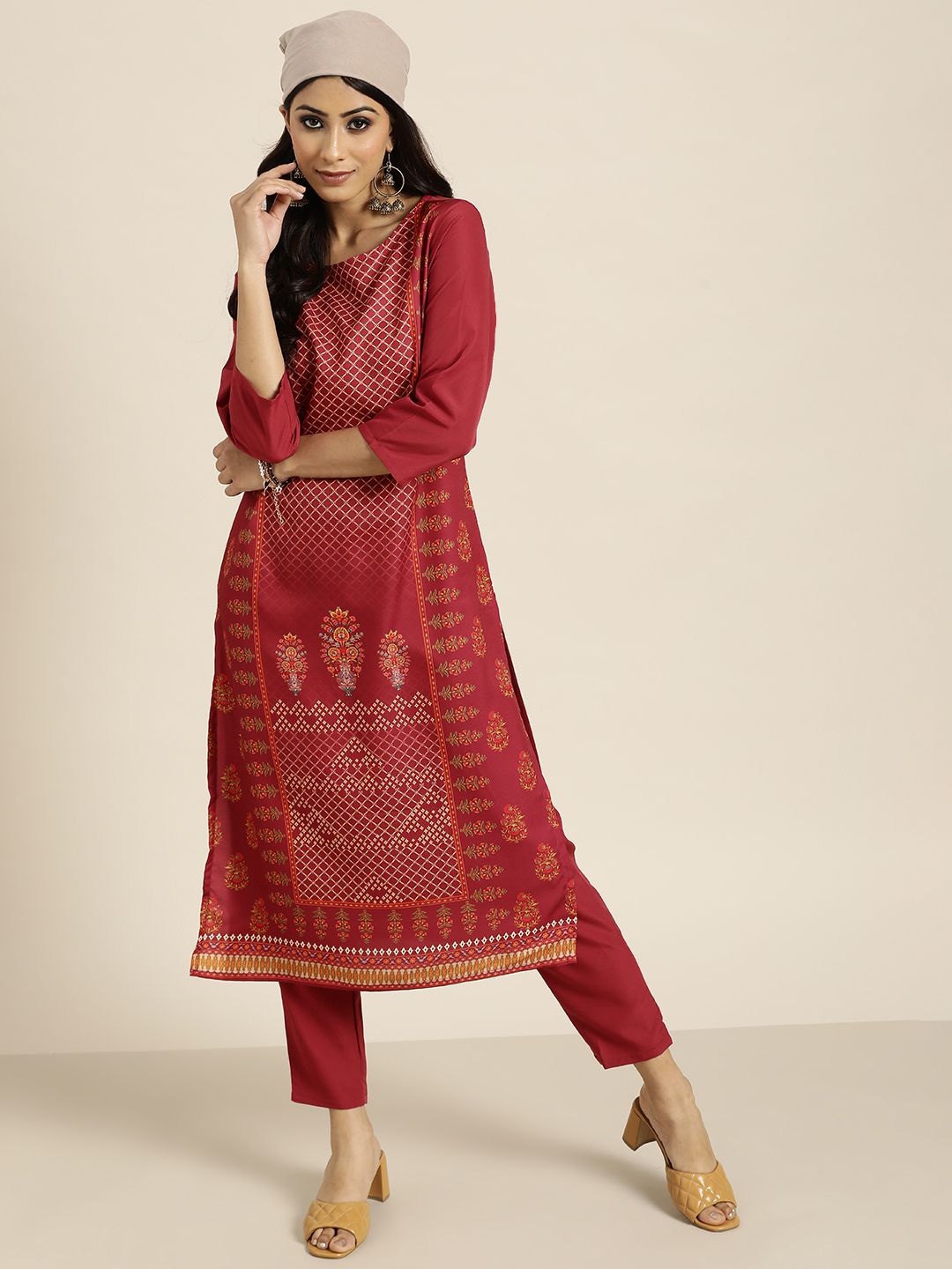 Sangria Women Maroon Ethnic Motifs Printed Kurta with Trousers Price in India