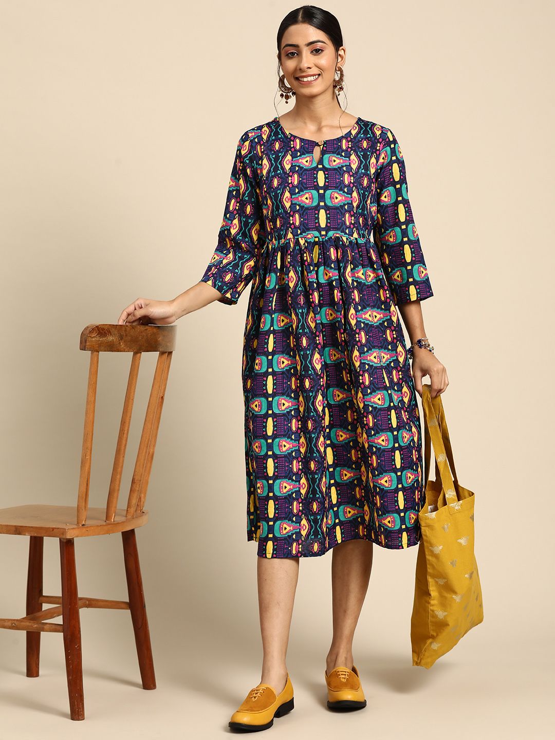 Sangria Women Black & Blue Printed A-Line Ethnic Dress Price in India