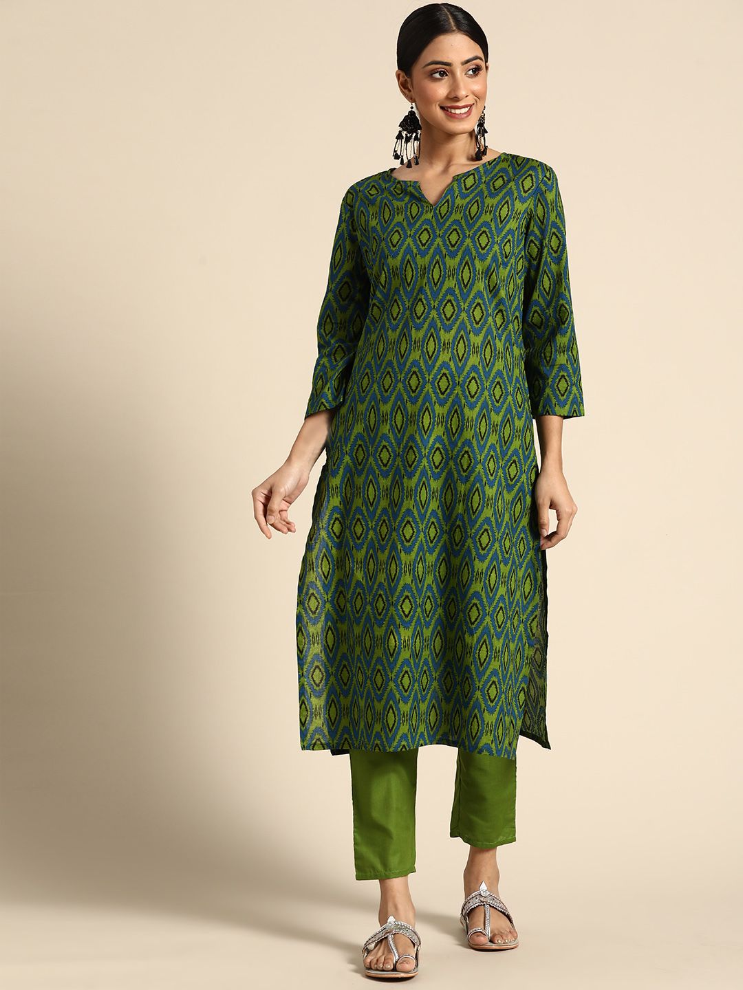 Sangria Women Green & Blue Ethnic Motifs Printed Pure Cotton Kurta with Trousers Price in India