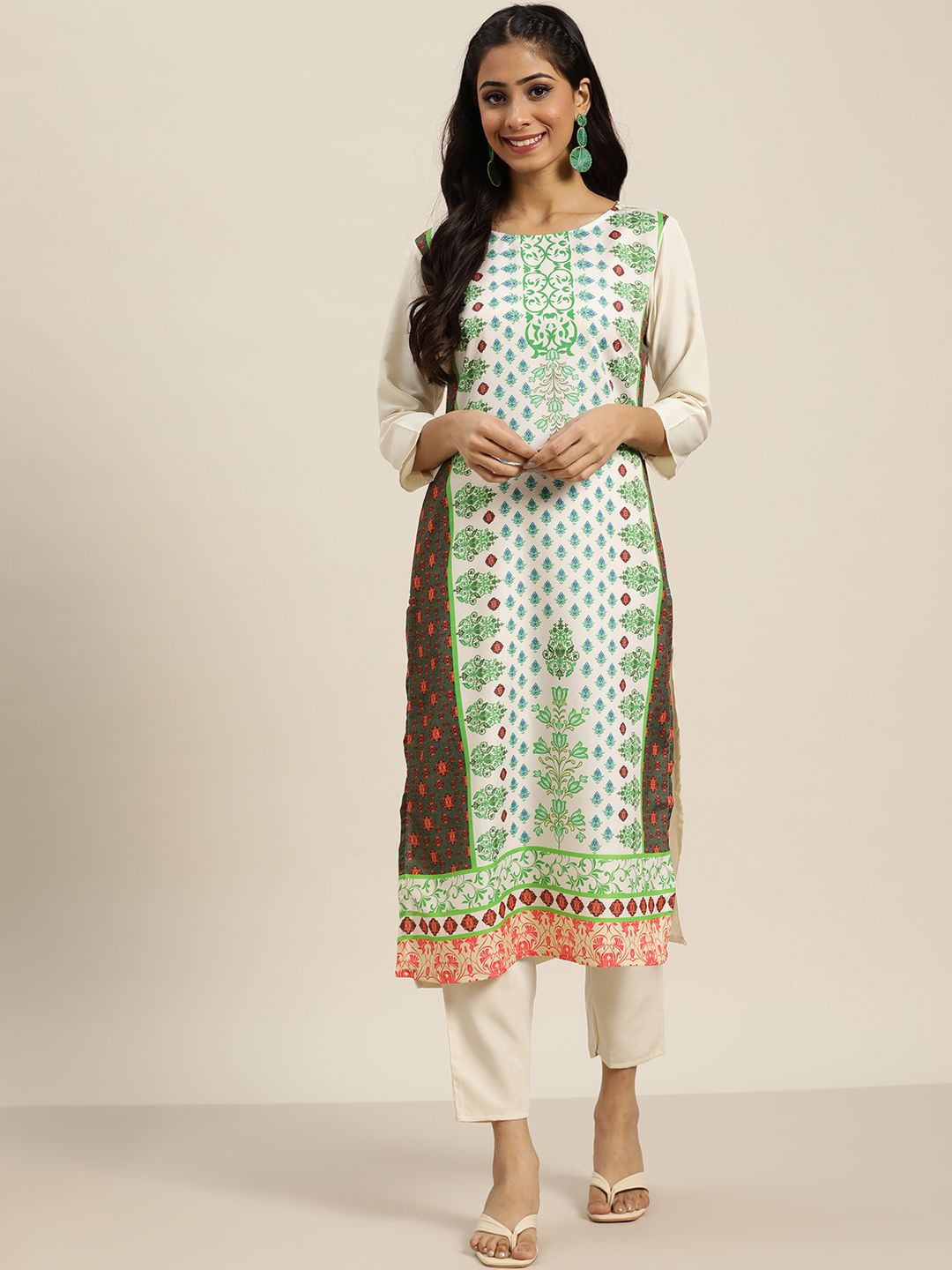 Sangria Women White & Green Ethnic Motifs Printed Kurta Price in India