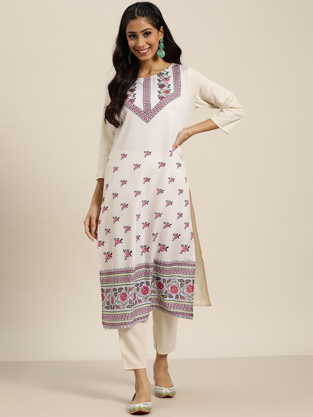 Sangria Women Off-White & Pink Ethnic Motifs Printed Kurta with Solid Trousers Price in India