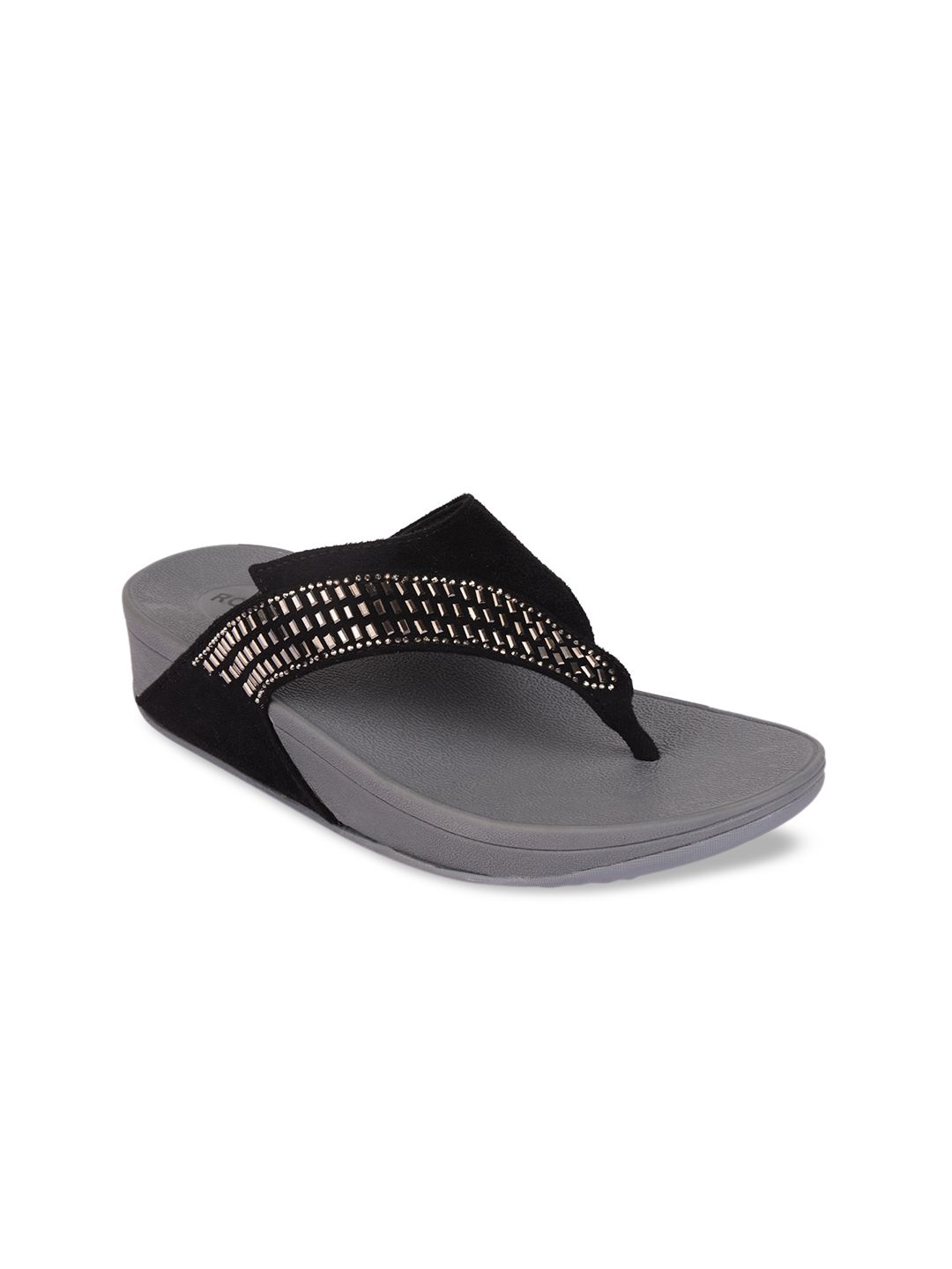 Rocia Women Black Embellished T-Strap Flats Price in India