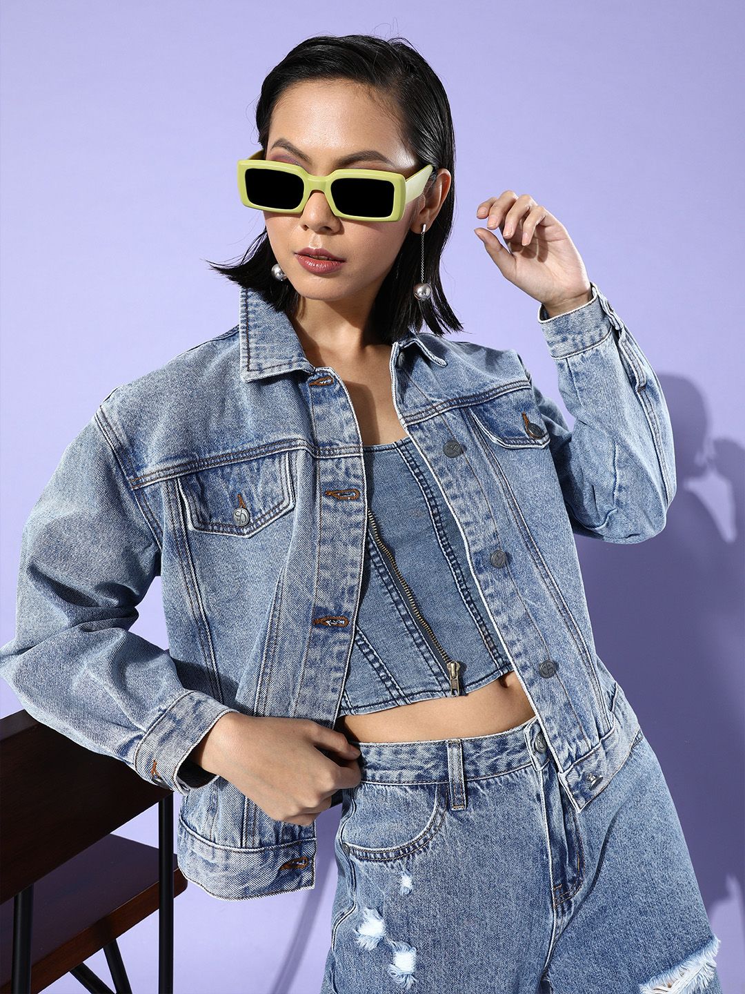 COVER STORY Women Stunning Blue Solid Denim Trucker Jacket Price in India