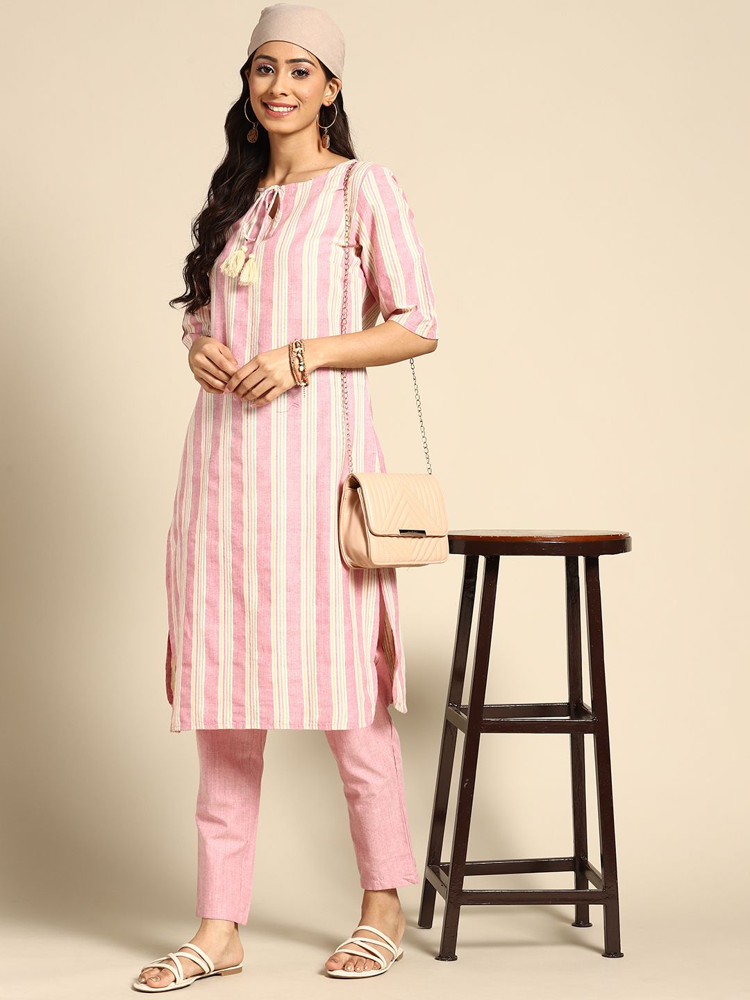 Sangria Women Pink & Yellow Striped Kurta with Trousers Price in India