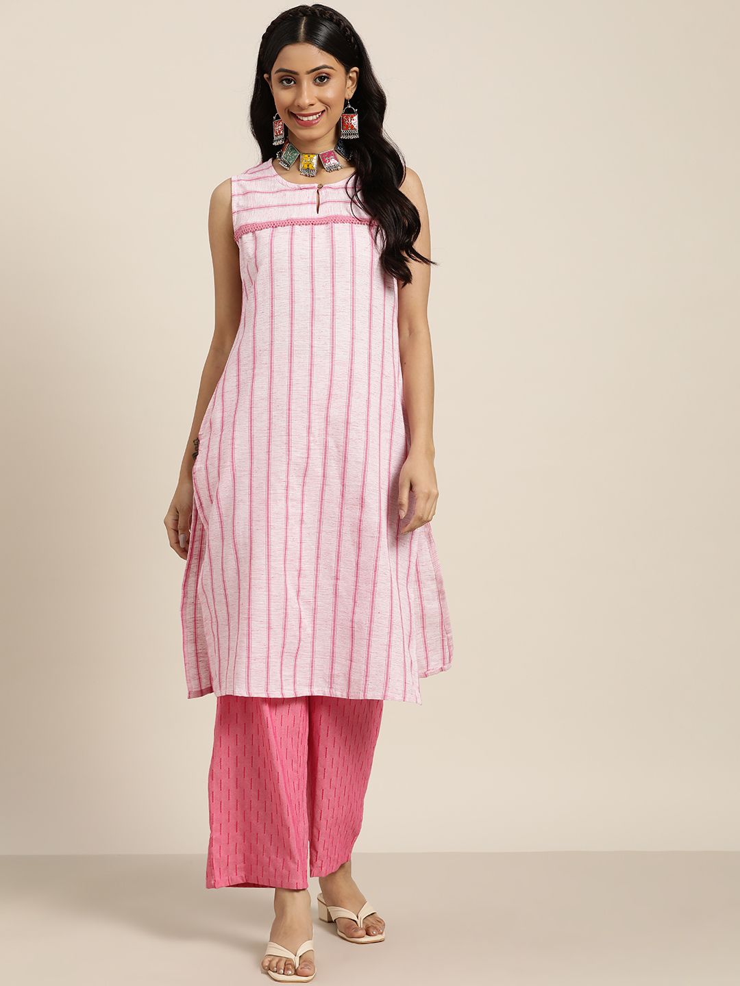 Sangria Women Pink & White Striped Straight Kurta with Palazzos