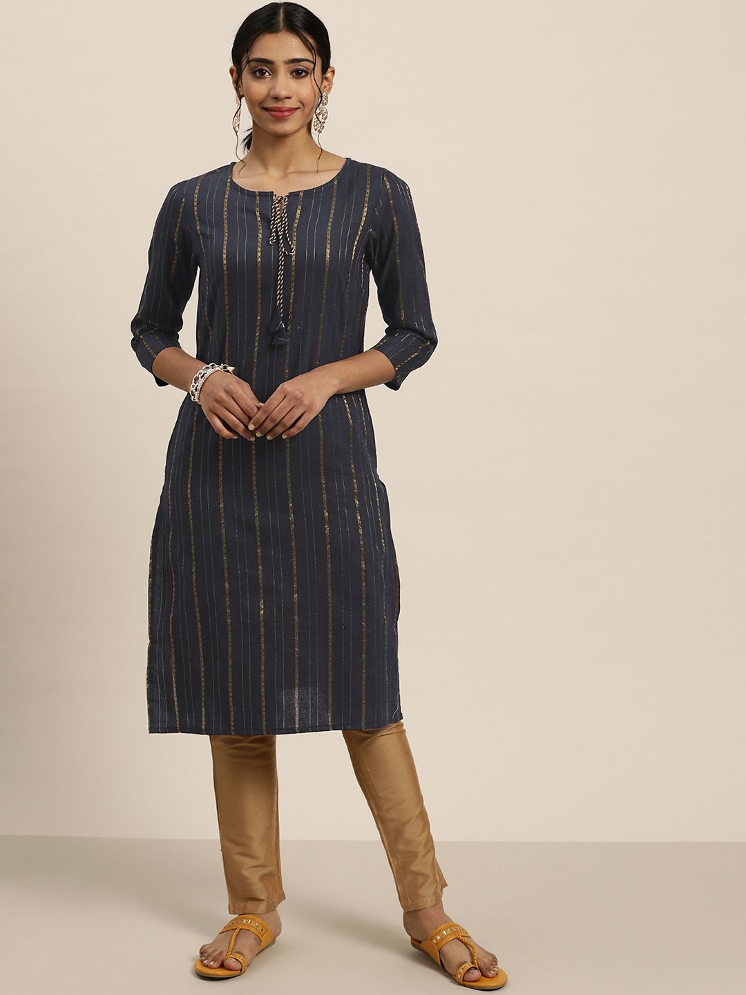 Sangria Women Navy Blue & Golden Striped Kurta Price in India