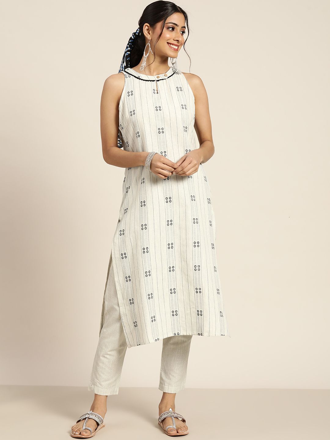 Sangria Women Off White & Black Woven Design Kurta with Trousers Price in India